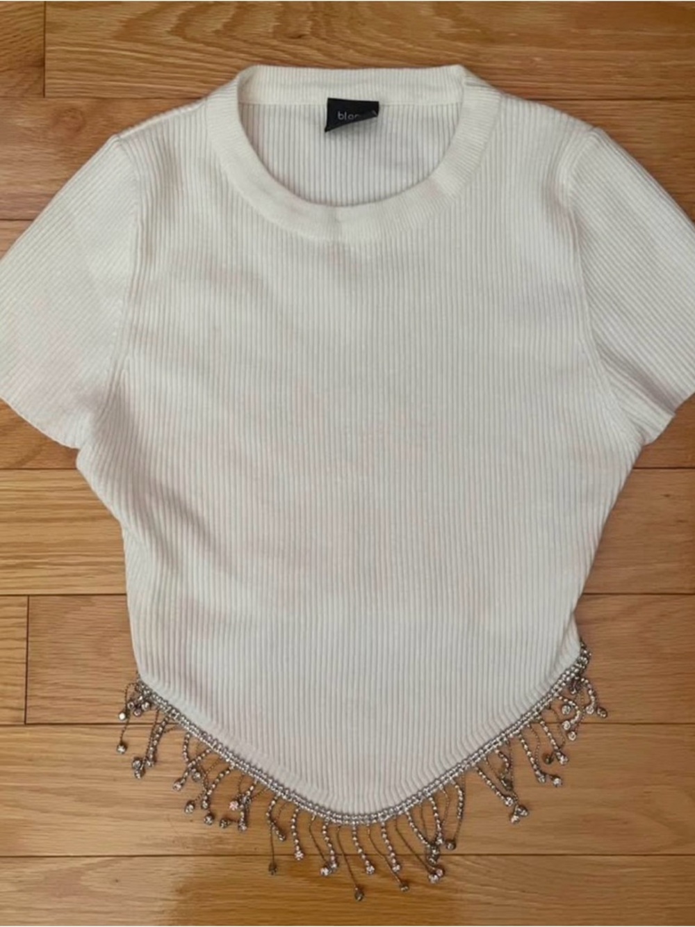 Blanc White Ribbed Short-Sleeve Top with Beaded Fringe